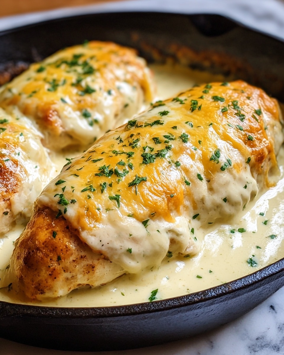 The dish shows two large pieces of food covered in a rich, creamy white sauce that pools around them, creating a smooth base layer in a black skillet. On top of these pieces, there is a golden-brown melted cheese layer with some darker grilled spots, giving a bubbly texture. Small green herb flakes are sprinkled lightly over the cheese, adding a touch of color. The black skillet contrasts with the creamy sauce and cheese, and the background has a soft, white marbled texture. photo taken with an iphone --ar 4:5 --v 7