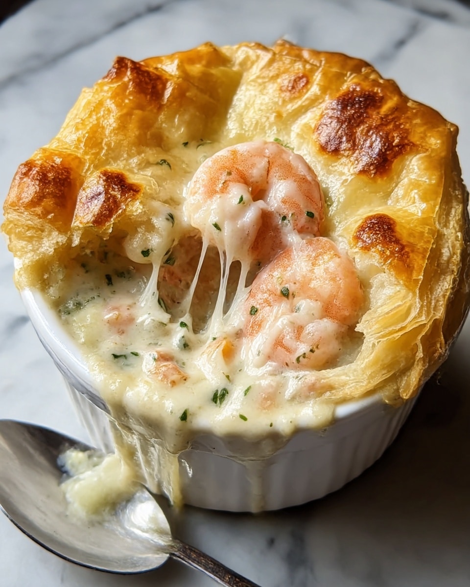 A white ceramic ramekin filled with a creamy shrimp pot pie, topped with a thick, golden-brown puff pastry crust that is slightly cracked, revealing melted, stretchy cheese and creamy white sauce with herbs and pink shrimp inside; small green herb flakes are sprinkled on top of the crust, and the dish sits on a white marbled surface with a white spoon handle visible behind it photo taken with an iphone --ar 4:5 --v 7
