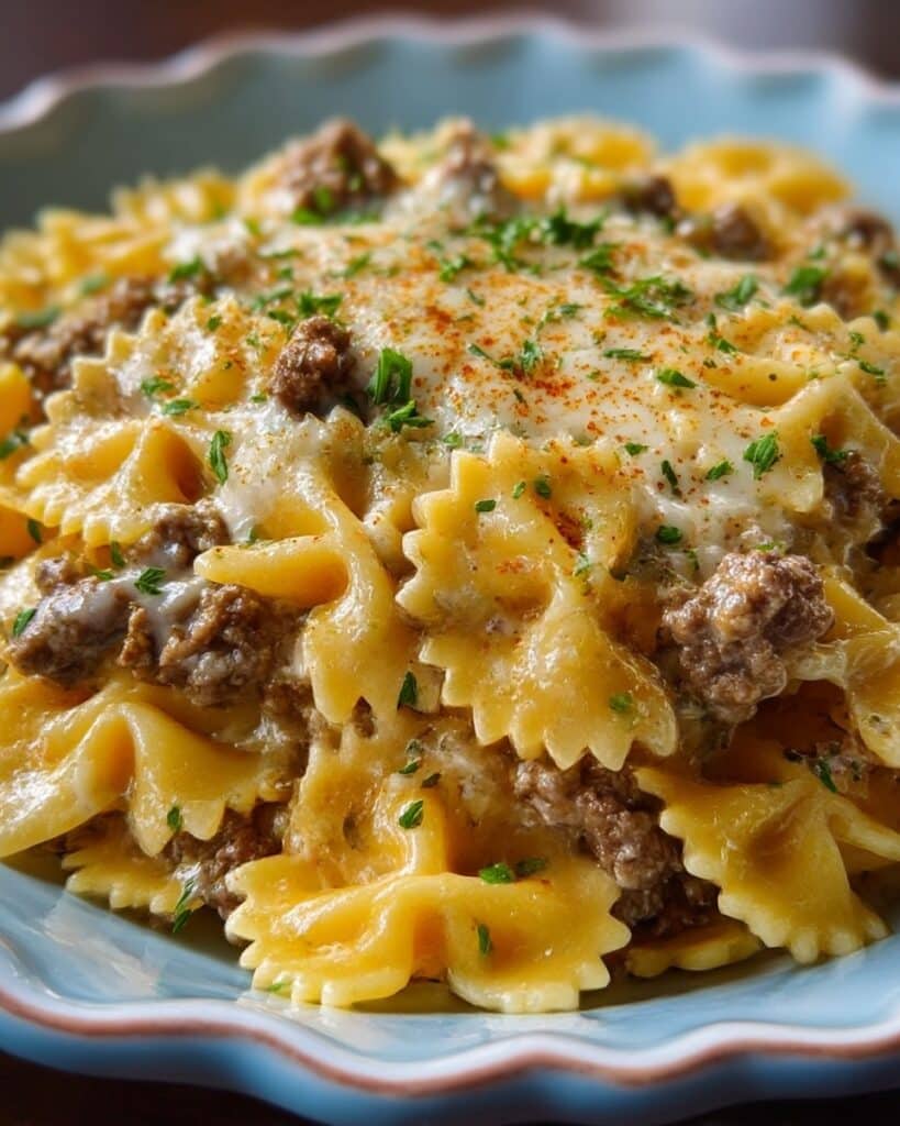 Cajun Cream Cheese Alfredo Bowties with Spiced Ground Beef Recipe