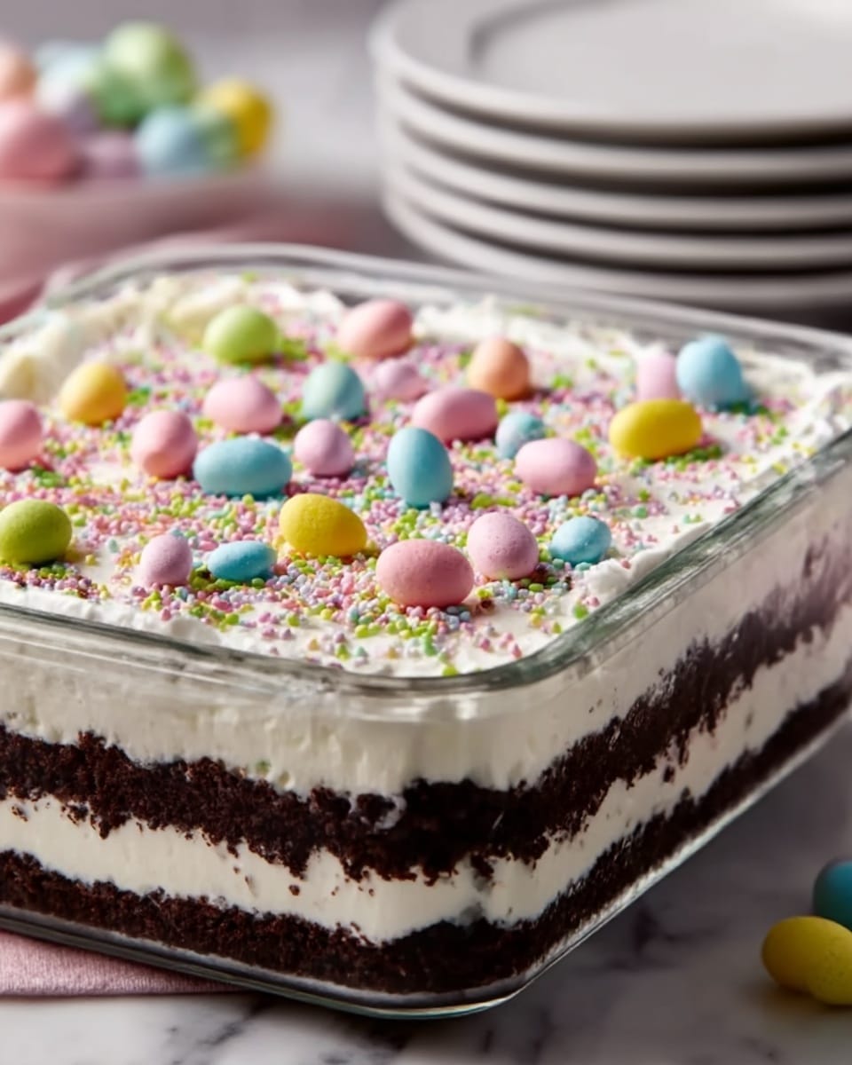 A clear glass square dish shows a layered dessert with three visible layers: the bottom dark brown layer looks moist and crumbly, the middle layer is thick and creamy white, and the top layer is light and fluffy white cream covered in colorful small round sprinkles and pastel mini candy eggs in pink, blue, yellow, and green, scattered evenly across. The dish sits on a white marbled surface with a stack of white plates blurred in the background. Photo taken with an iphone --ar 4:5 --v 7