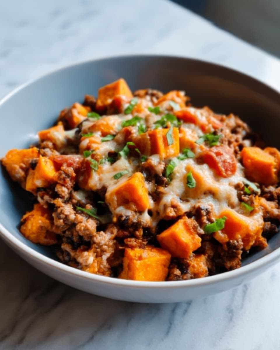 A close-up of a white bowl filled with a layered dish featuring browned ground meat mixed with diced orange sweet potatoes and small pieces of red tomatoes, topped with melted light yellow cheese and small green herb bits scattered on top. The ingredients look mixed but the cheese layer is clearly on the surface, slightly gooey and shiny. The bowl is placed on a white marbled surface with natural light coming from the side, creating soft shadows. photo taken with an iphone --ar 4:5 --v 7
