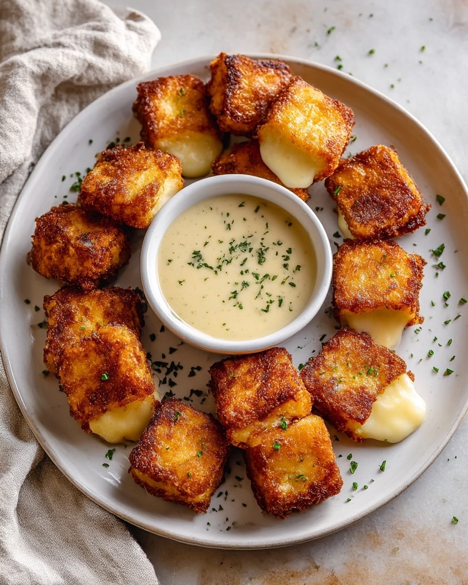 A white round plate sits on a white marbled surface, holding eleven golden-brown, crispy, square-shaped grilled cheese bites arranged in a loose pile around a small white bowl filled with creamy, light beige dipping sauce sprinkled with small green herb pieces. Each cheese bite has a browned, textured crust with melted cheese oozing from the sides, and some are garnished with finely chopped green herbs. The colors are warm and inviting, with the cheese’s melty softness contrasting with the crunchy outer layer. Photo taken with an iphone --ar 4:5 --v 7