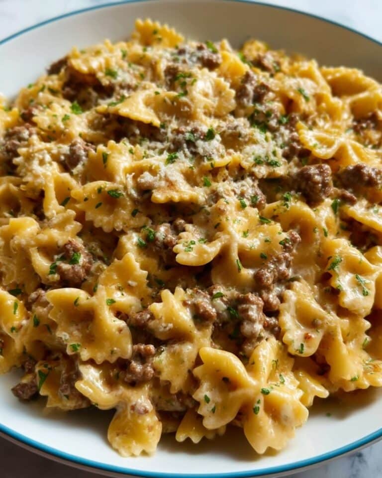 Cajun Cream Cheese Alfredo Bowties with Spiced Ground Beef Recipe