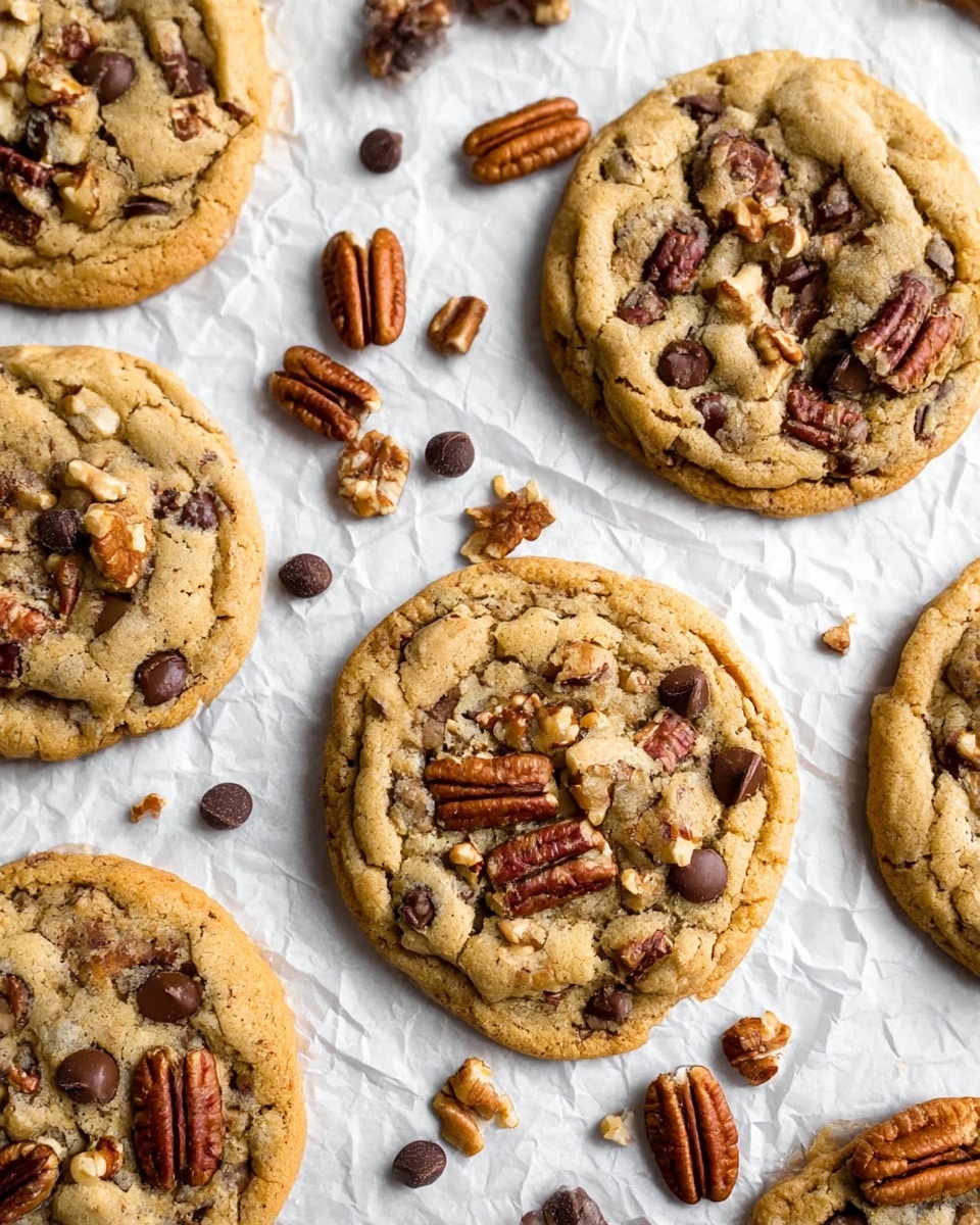 Several round cookies with a light golden brown color are laid out on a white marbled textured surface covered with crumpled white parchment paper. Each cookie has a rough, slightly cracked texture with visible mix-ins including dark brown chocolate chips, whole and chopped pecans in a rich brown shade, and small, round, light tan nuts scattered throughout. Extra chocolate chips and nuts are sprinkled lightly around the cookies, adding to the rustic look. The overall scene shows about eight cookies arranged closely but not touching, giving a cozy, homemade feel. Photo taken with an iphone --ar 4:5 --v 7
