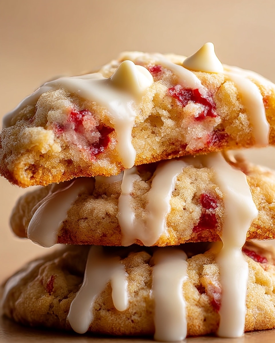 A close-up of a stack of two thick cookies with a crumbly pale golden texture showing red bits of strawberry inside. The top cookie is broken in half, dripping thick white glaze that flows down to the bottom cookie. The glaze is also drizzled in thin lines and small dollops on the top cookie. The background is a smooth, soft beige color. photo taken with an iphone --ar 4:5 --v 7