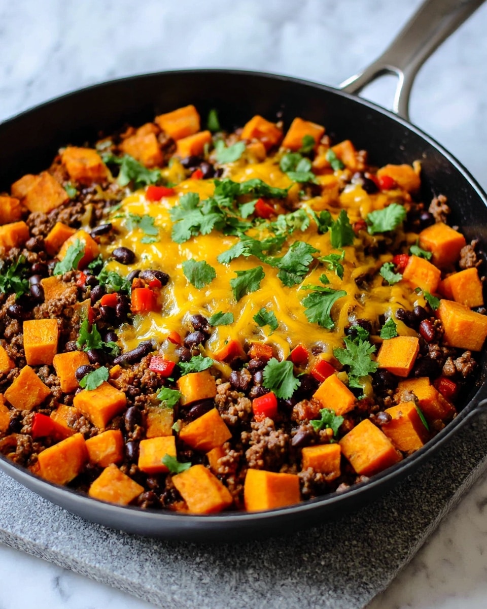 A close-up of a black frying pan filled with a colorful cooked dish sitting on a granite trivet over a white marbled surface. The dish has three main layers: at the bottom, there are small bright orange cubes of roasted sweet potatoes evenly spread around the pan edges and mixed throughout. The middle layer consists of browned ground meat mixed with black beans and small pieces of red bell pepper, creating a textured and hearty base. The top layer is melted yellow cheddar cheese, stringy and spread mostly in the center, sprinkled with fresh green cilantro leaves evenly scattered over the whole dish. Photo taken with an iphone --ar 4:5 --v 7