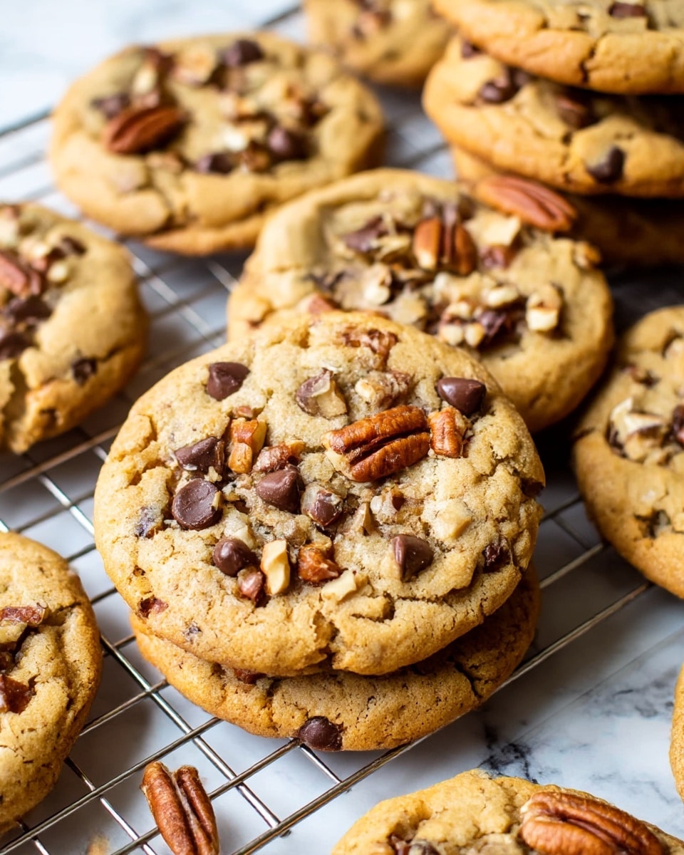 The image shows a close-up view of several round chocolate chip cookies with pecans and butterscotch chips scattered on and embedded in the golden-brown cookie dough. The cookies have a cracked, slightly crisp texture around the edges, with a softer, chewy center. They are placed on a gold cooling rack that rests on a white marbled surface. The cookies are stacked and spread around, some leaning on each other to show their thickness and texture. Photo taken with an iphone --ar 4:5 --v 7