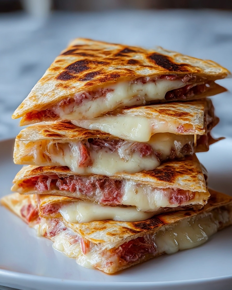 A stack of four triangular quesadilla slices is shown on a white plate, placed on a white marbled surface. Each slice features a golden-brown toasted tortilla on the outside with a slightly crisp texture and visible browning spots. Inside, there are two main layers: the top layer is melted, creamy white cheese that stretches slightly, and the bottom layer is finely chopped reddish meat, slightly moist and juicy-looking. The slices are stacked neatly with edges aligned, creating a visually appealing layered effect. photo taken with an iphone --ar 4:5 --v 7
