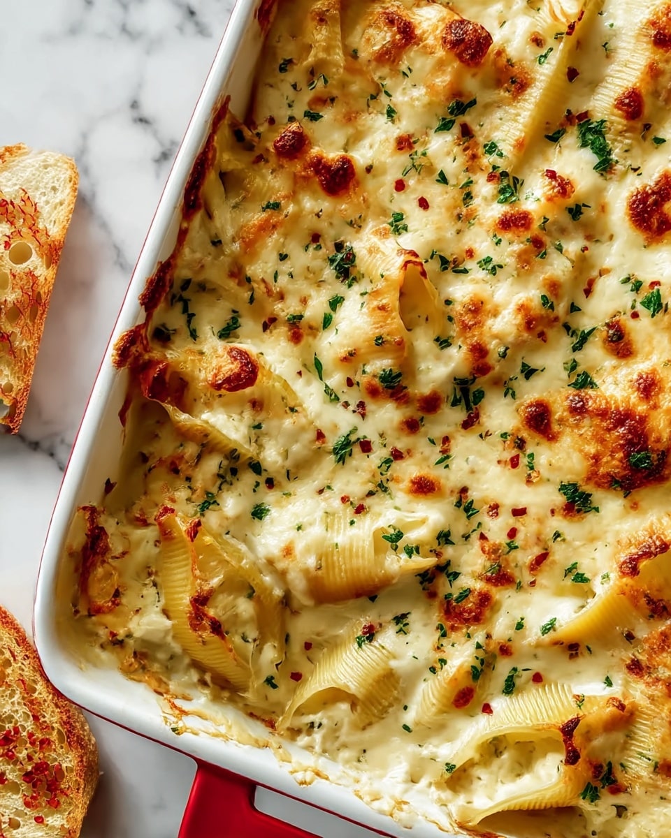The image shows a baked pasta dish in a white rectangular dish with a red handle, placed on a white marbled surface. The dish has layers of large pasta shells filled with creamy white cheese and sauce, covered by a golden-brown melted cheese top with browned spots. Small green herb pieces are scattered across the top, adding color and texture. The pasta shells are slightly curled and visible beneath the cheese layer, giving a sense of depth and richness. A large block of cheese is partially visible on the side of the dish. photo taken with an iphone --ar 4:5 --v 7
