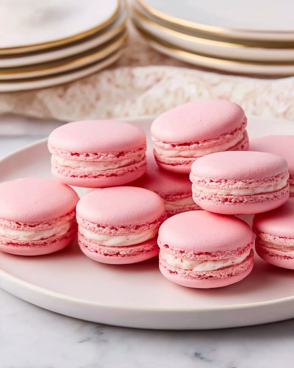 The image shows a white oval plate filled with pale pink macarons. Each macaron has two smooth, round shells with a slightly bumpy texture on top, sandwiching a thick layer of lighter pink cream filling in the middle. The macarons are evenly spaced and neatly arranged on the plate, which sits on a white marbled surface. A few more plates are stacked and slightly visible in the background. photo taken with an iphone --ar 4:5 --v 7