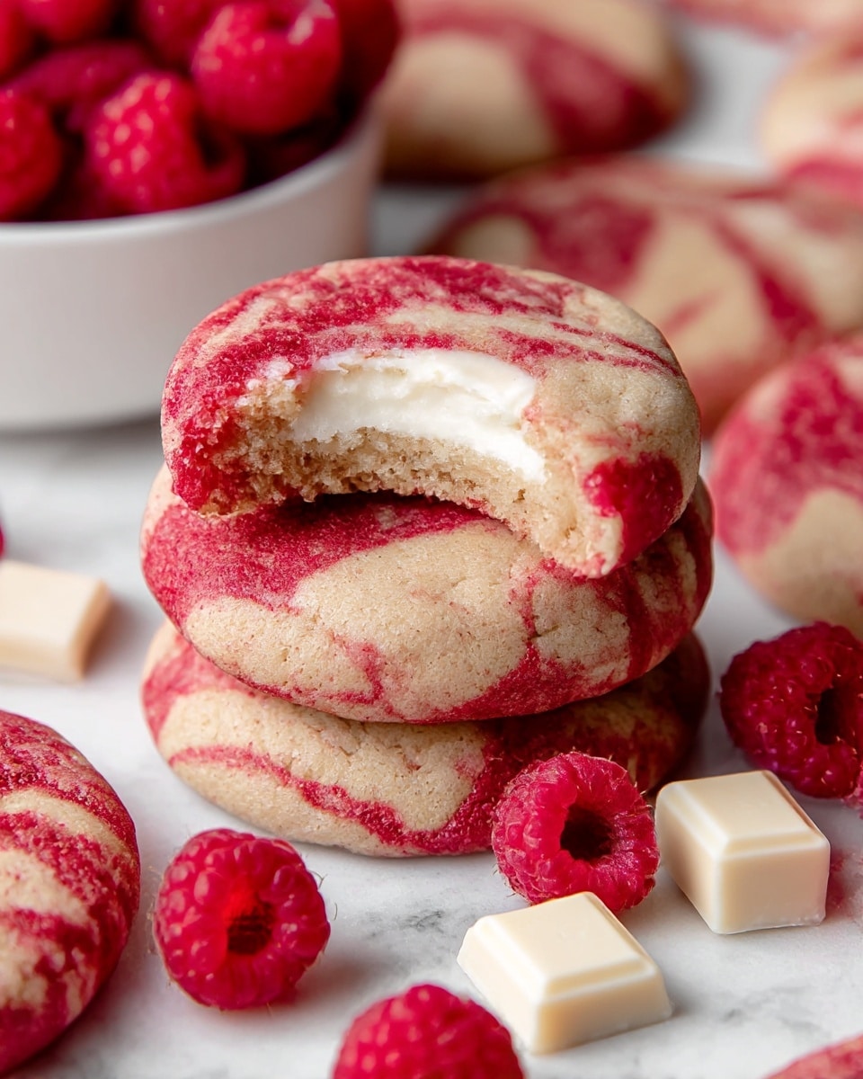 The image shows a pile of soft cookies with a pale beige base swirled with bright red raspberry streaks. One cookie on top has a bite taken out of it, revealing three layers inside: the top beige cookie dough, a middle thick white cream layer, and a bottom golden brown cookie base. Around the cookies, fresh bright red raspberries are scattered, and two pieces of white chocolate are placed next to the stack. In the background, there is a white bowl filled with more raspberries, all set on a white marbled surface. Photo taken with an iphone --ar 4:5 --v 7