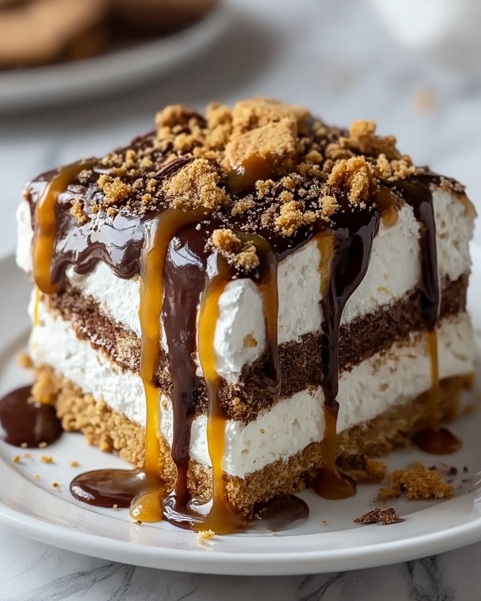 A square layered dessert sits on a white plate with a white marbled surface beneath. The bottom layer is a crumbly golden-brown biscuit base, topped by a thick white cream layer. Above this is a darker crumbly layer, followed by another thick white cream layer. Generous caramel sauce drips down the sides, topped with a glossy dark chocolate layer that also flows over the edges. Scattered on top and around the chocolate layer are small, crumbly golden cookie pieces. photo taken with an iphone --ar 4:5 --v 7