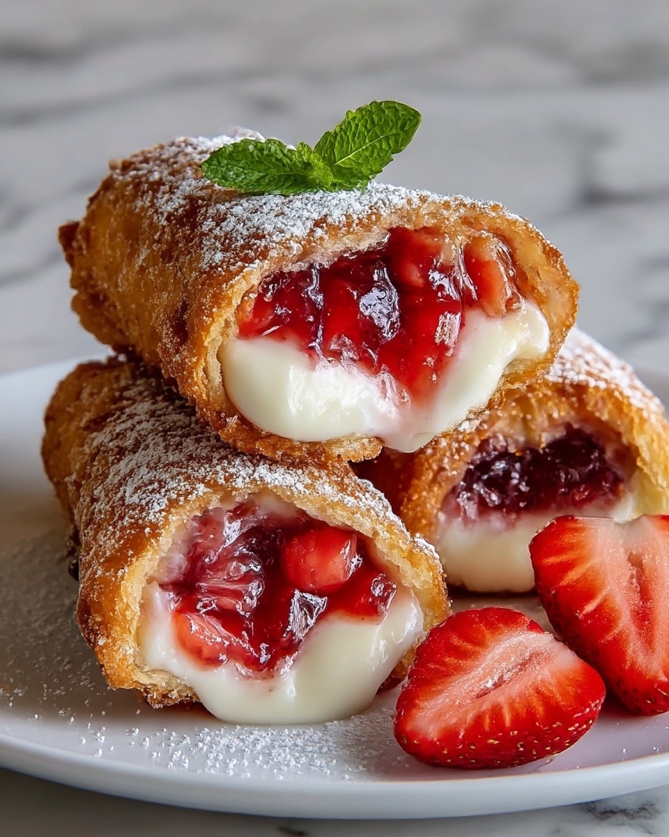 The image shows three golden brown, crispy rolled pastries dusted with white powdered sugar, stacked on a white plate with two sliced fresh red strawberries on the right side. Each pastry is cut open, revealing a creamy white filling with a glossy, dark red strawberry jam, both oozing out. There is a small, bright green mint leaf on top of the front pastry. The plate rests on a white marbled surface, giving a clean and elegant look. photo taken with an iphone --ar 4:5 --v 7