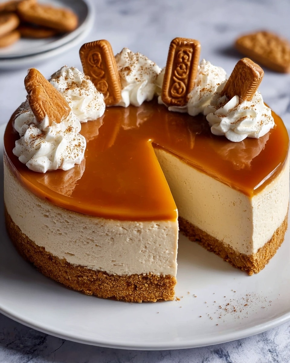 The image shows a round cheesecake with three visible layers on a white plate placed on a white marbled surface. The bottom layer is a crumbly light brown crust, the middle layer is thick and creamy with a tan color, and the top layer is a smooth, shiny caramel glaze in dark golden brown. On top of the caramel are evenly spaced dollops of white whipped cream, each sprinkled lightly with brown crumbs. Each dollop is topped with a rectangular brown cookie that has a textured pattern. One slice of the cake is removed, showing the clean, smooth edges of the layers inside. photo taken with an iphone --ar 4:5 --v 7