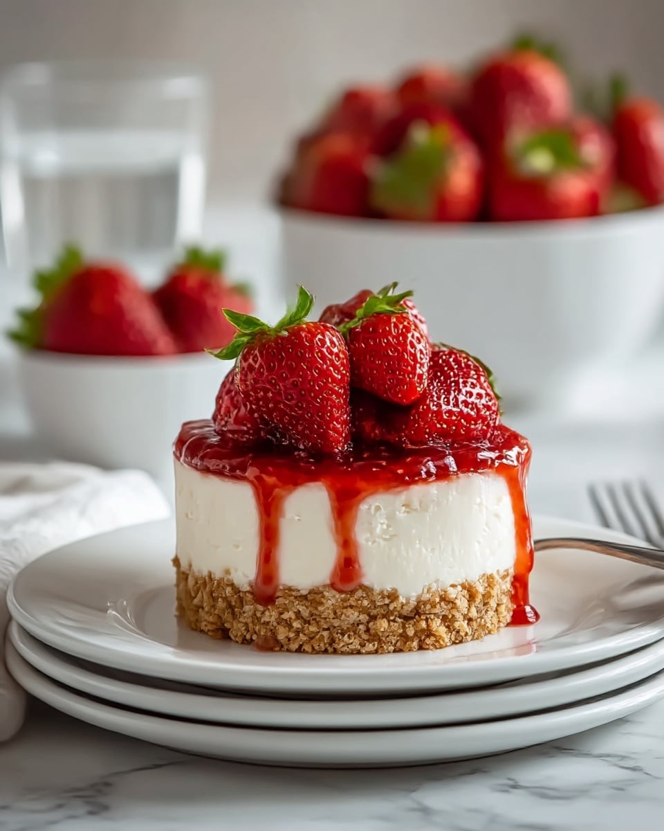 The image shows a small round cheesecake with three visible layers: the bottom layer is a golden brown crumb crust, the middle layer is a smooth creamy white cheesecake filling, and the top layer is a glossy red strawberry sauce with some crumbs sprinkled on top. Fresh whole strawberries with green leaves sit on the very top layer, some of the sauce dripping slightly down the side. The cheesecake is placed on a stack of three white plates with a soft beige cloth underneath and set on a white marbled surface. In the background, there is a white bowl filled with strawberries and some blurred glass objects. photo taken with an iphone --ar 4:5 --v 7