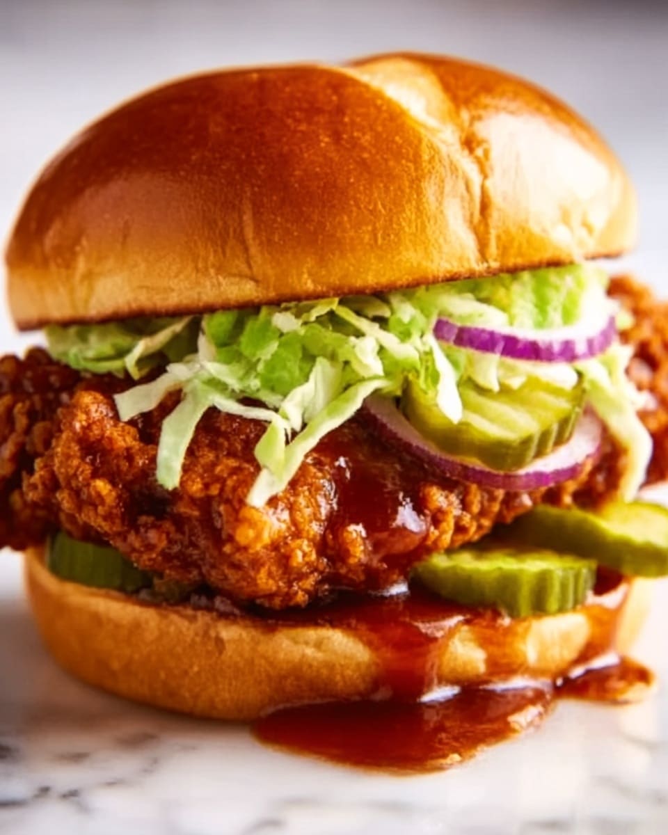 A close-up of a sandwich with three main layers inside a soft, shiny bun. The bottom bun is light brown and slightly toasted. On top of it is a thick, crispy fried chicken piece covered in a glossy dark brown sauce that drips down the sides. Above the chicken is a layer of shredded light green lettuce mixed with thin slices of pale purple onions. On top of the vegetables are three bright green pickle slices. The sandwich is set against a white marbled background. Photo taken with an iphone --ar 4:5 --v 7