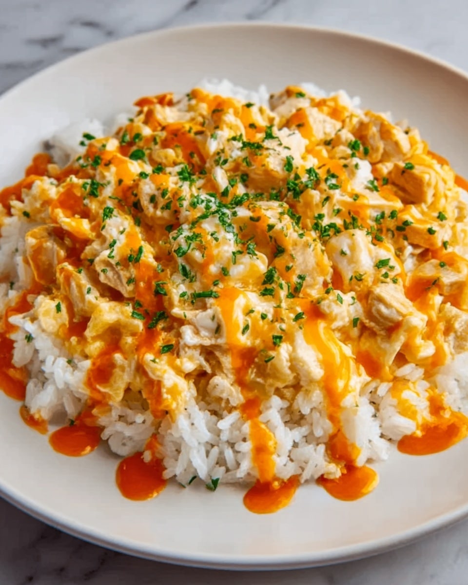 The dish is served on a white plate placed on a white marbled surface. At the bottom, there is a layer of white rice with a soft, slightly sticky texture. On top of the rice, there is a thick layer of scrambled eggs that are light yellow and fluffy, covering the rice completely. Over the eggs, an orange sauce is drizzled in thin lines, adding a wet, glossy texture. There are also small green herbs scattered evenly over the top, adding a fresh touch and color contrast to the orange sauce and yellow eggs. The overall presentation is simple and homey, with a mix of soft and smooth textures. photo taken with an iphone --ar 4:5 --v 7