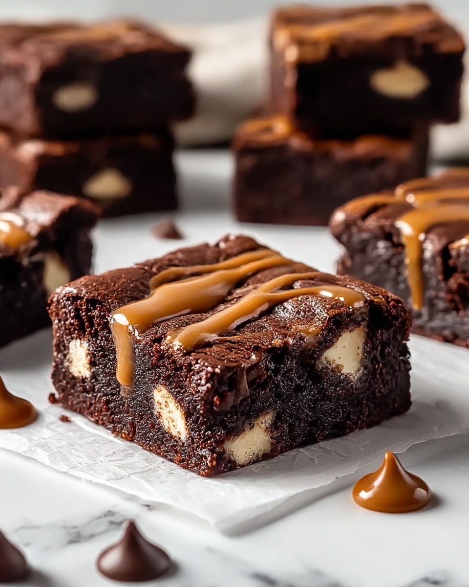 A close-up of a square brownie piece with a rich, dark brown color and moist texture, embedded with visible white chunks inside. The top layer has a smooth, glossy caramel drizzle creating small pools and decorative lines. Around the brownie, there are several small dollops of caramel and chocolate droplets placed on a white marbled surface. In the background, more brownies are stacked in neat rows, slightly out of focus, and a wooden bowl with a utensil is softly blurred. photo taken with an iphone --ar 4:5 --v 7