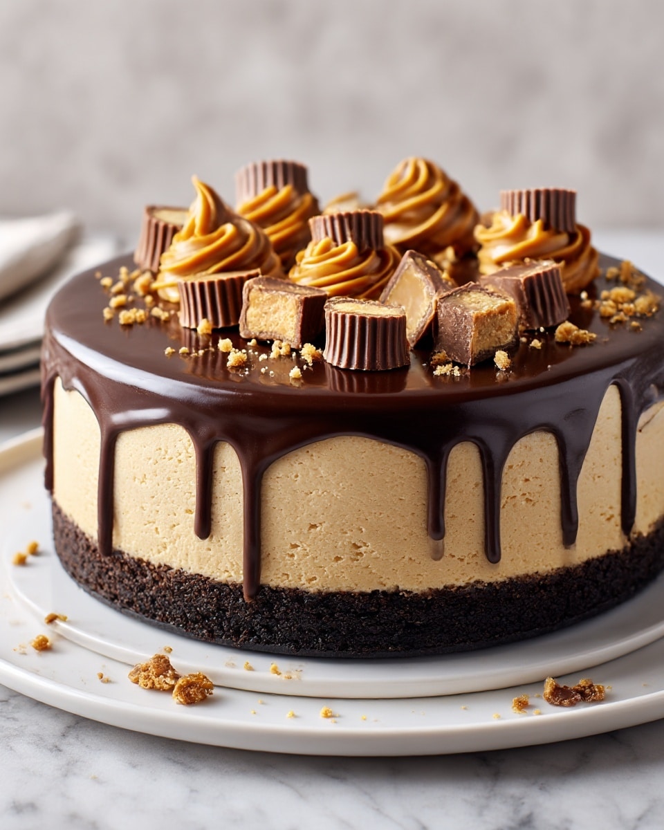 A round cheesecake with three clear layers is shown on a white marbled surface. The bottom layer is a thick, dark chocolate crumb crust. Above it is a creamy peanut butter cheesecake layer, light brown with a smooth and dense texture. On top is a shiny, dark chocolate ganache that drips slightly down the sides, creating a glossy finish. The top surface is decorated with small swirls of light peanut butter frosting, halved peanut butter cups placed evenly around the edge, and sprinkled crumbs for extra texture. The cake sits on a white plate. Photo taken with an iphone --ar 4:5 --v 7