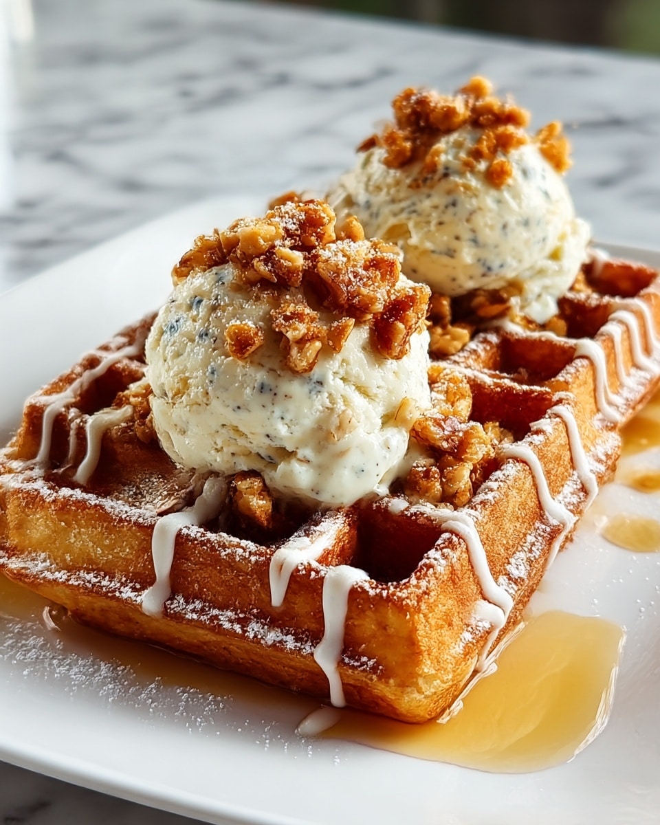 Two golden brown waffles are stacked on a white plate with a white marbled surface underneath. On top of each waffle sits a thick, creamy dollop of white cream with tiny black vanilla specks, sprinkled with crunchy, caramelized nut pieces that add texture. A light dusting of powdered sugar is visible on the waffles, and white icing is drizzled over the top in thin lines. Amber syrup pools around the waffles on the plate, creating a glossy shine. The image is closely focused on the waffles, showing rich details and textures. photo taken with an iphone --ar 4:5 --v 7