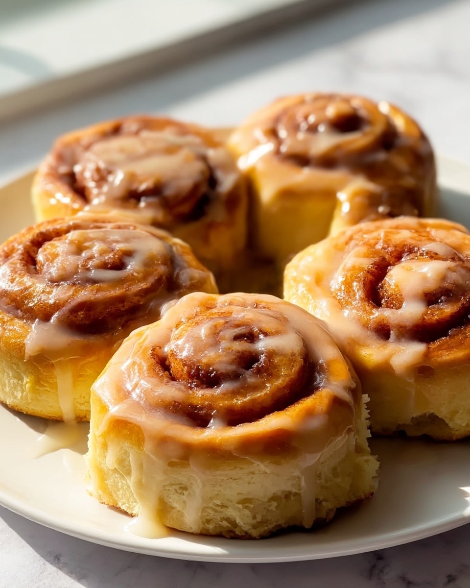 The image shows four cinnamon rolls on a white plate placed on a white marbled surface, bathed in soft sunlight. Each cinnamon roll has three main layers: a thick base of light, fluffy dough with a soft texture, a middle swirl of dark brown cinnamon filling with a slightly sticky look, and a top layer of glossy white icing that drips down the sides, adding a shiny and smooth contrast to the rough dough. The rolls are golden brown on the edges, with the frosting glistening warmly in the light. photo taken with an iphone --ar 4:5 --v 7