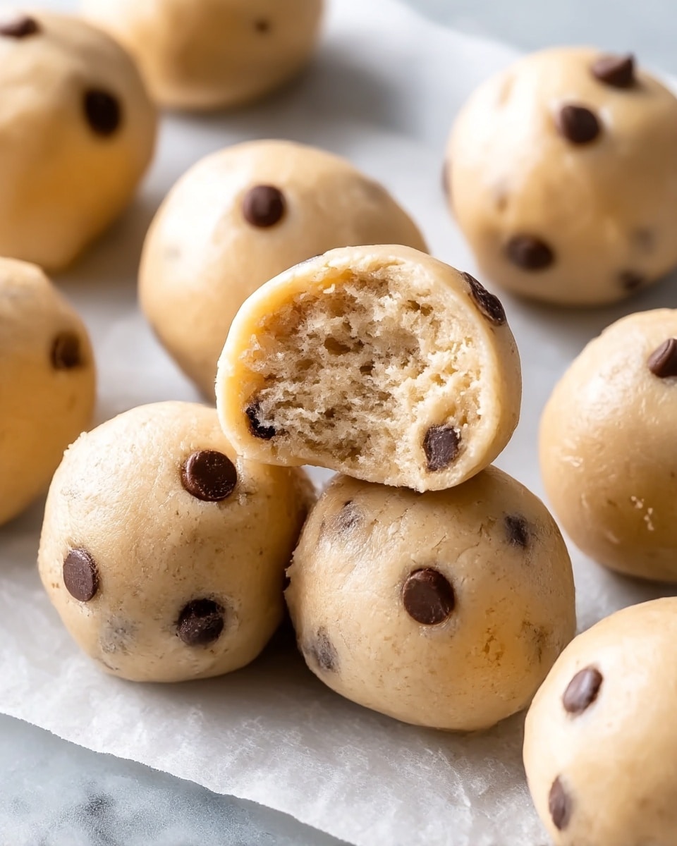 The image shows several light beige cookie dough balls with smooth texture and small dark brown chocolate chips embedded in them, arranged closely together on white parchment paper over a white marbled surface. One cookie dough ball is broken in half and placed on top, revealing a soft and slightly crumbly inside that is a lighter beige color with a fluffy, moist appearance. The chocolate chips are visible both on the surface and inside the broken piece, adding contrast to the dough. Photo taken with an iphone --ar 4:5 --v 7
