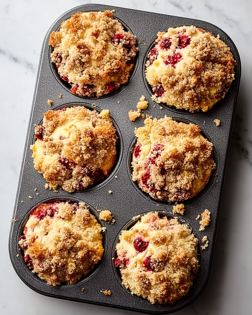 A dark gray muffin tin holds six crumb-topped muffins, each with a rough, golden-brown crumb layer on top, speckled with bits of red berries showing through the crumbs. The muffins fill each cup fully, and some crumbs are scattered around in the tin cups and on the white marbled surface underneath. The crumb topping has a coarse texture, with a mix of light yellow and toasted brown colors, while the red berry pieces add bright splashes of color inside. photo taken with an iphone --ar 4:5 --v 7