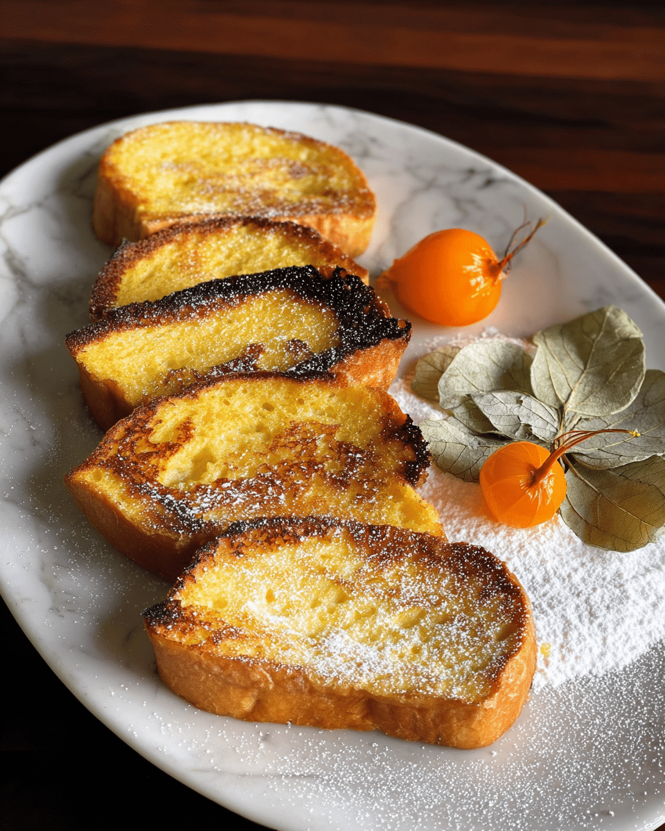 Five slices of golden brown French toast with a crispy surface and light sugar dusting are lined up in a row on a white plate with a smooth texture. Next to the slices is a small pile of fine white powdered sugar and a bright orange physalis fruit with dry, papery green leaves around it. The background is a white marbled texture. photo taken with an iphone --ar 4:5 --v 7