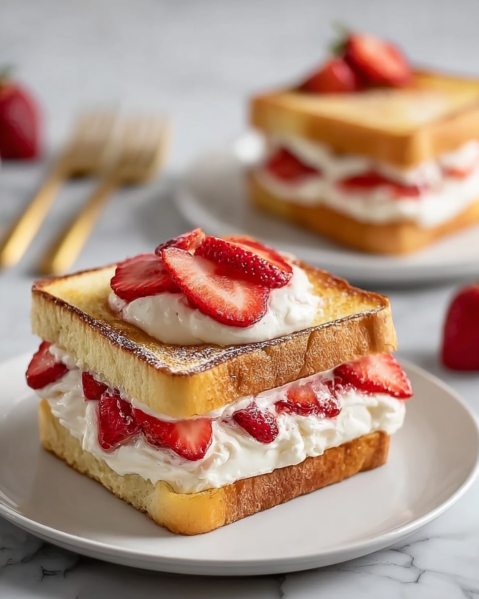 A close-up of a sandwich made with two square slices of toasted bread with a golden-brown crust on the top and bottom layers. Between the bread slices, there is a thick layer of creamy white filling at the bottom that looks soft and smooth, topped with a generous layer of whipped cream mixed with bright red strawberry slices in the middle. Additional slices of fresh strawberries are placed on the very top slice of bread. The sandwich sits on a white plate on a white marbled surface, with a blurred second sandwich and two golden forks in the background. Photo taken with an iphone --ar 4:5 --v 7