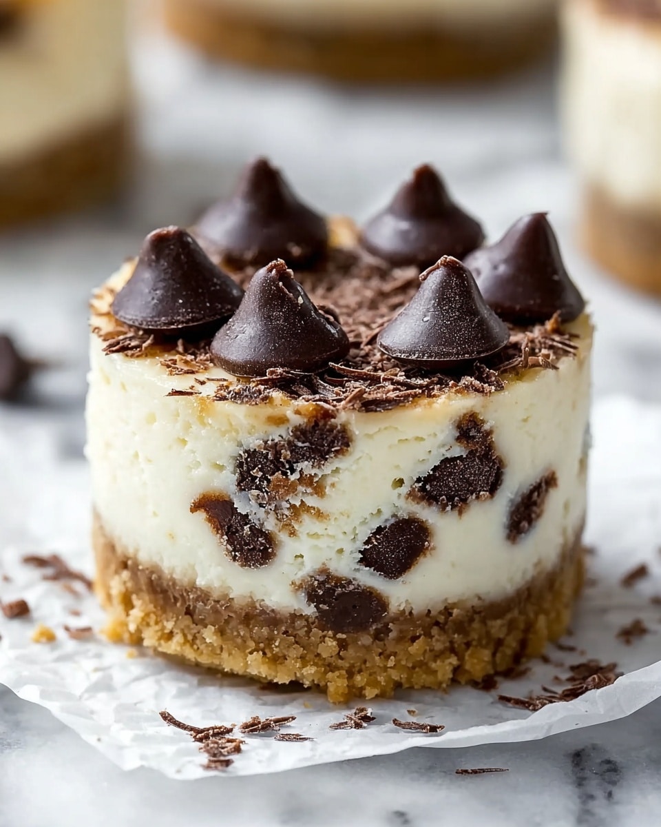 A small, round cheesecake with three visible layers sits on a piece of white parchment paper over a white marbled surface. The bottom layer is a crumbly, golden brown crust that looks slightly thick and rough. Above it is a thin, darker brown layer, possibly chocolate or cookie filling. The top and main layer is creamy white cheesecake mixed with small, dark chocolate chips scattered throughout, giving it a speckled look. The top edge is adorned with several large, glossy dark chocolate chips standing upright, and there are fine chocolate shavings lightly sprinkled around them. Photo taken with an iphone --ar 4:5 --v 7