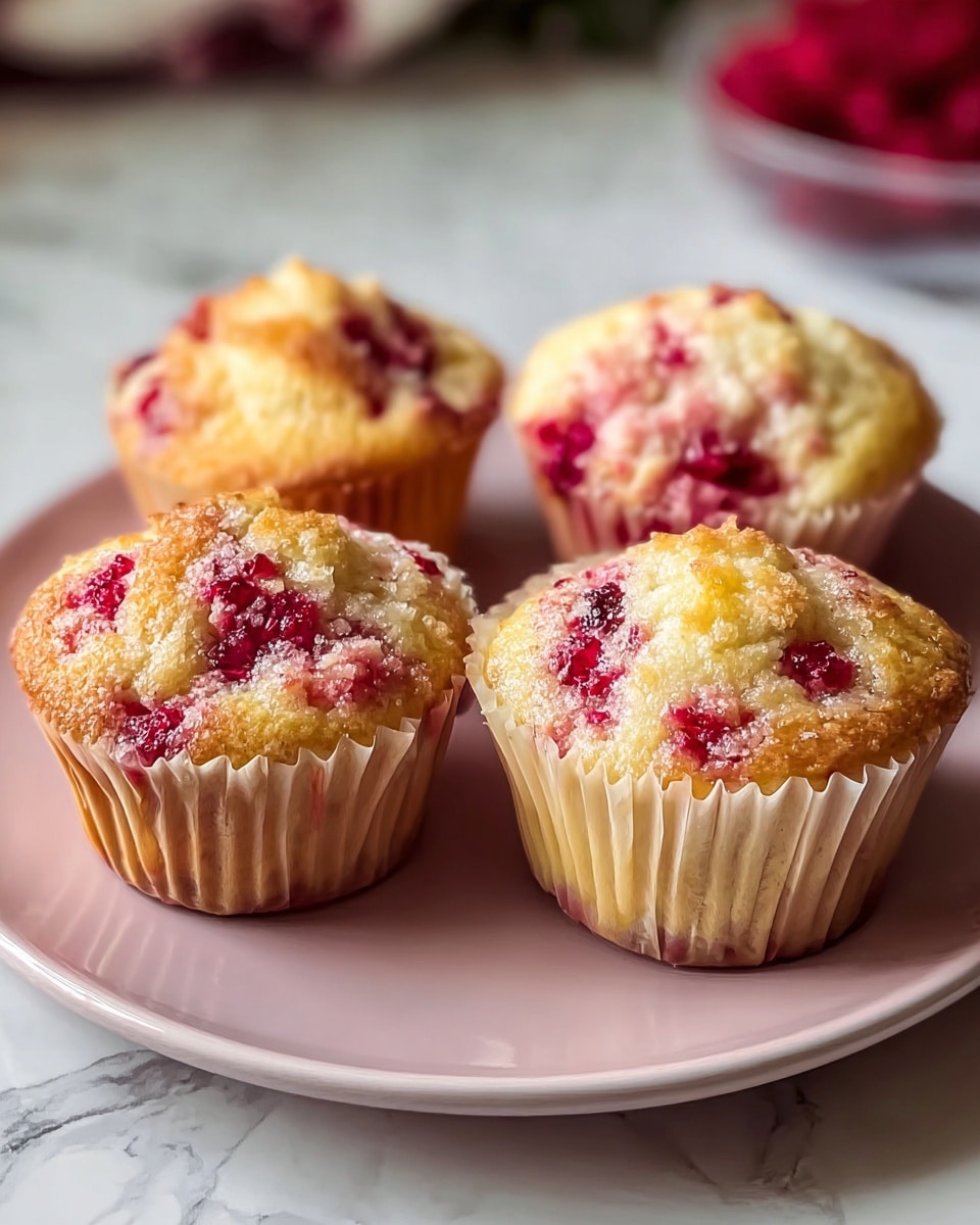 Four muffins are placed on a white plate with a smooth surface. Each muffin has a golden-brown top with a slightly crispy texture, showing red berry pieces mixed inside and on top. The muffins are wrapped in light-colored paper liners with vertical folds. The overall look is soft and fluffy with some uneven, natural cracks on the muffins' surface, and bright red berries give a pop of color throughout. The background is a softly blurred white marbled texture, with hints of red berries seen behind the plate. Photo taken with an iphone --ar 4:5 --v 7