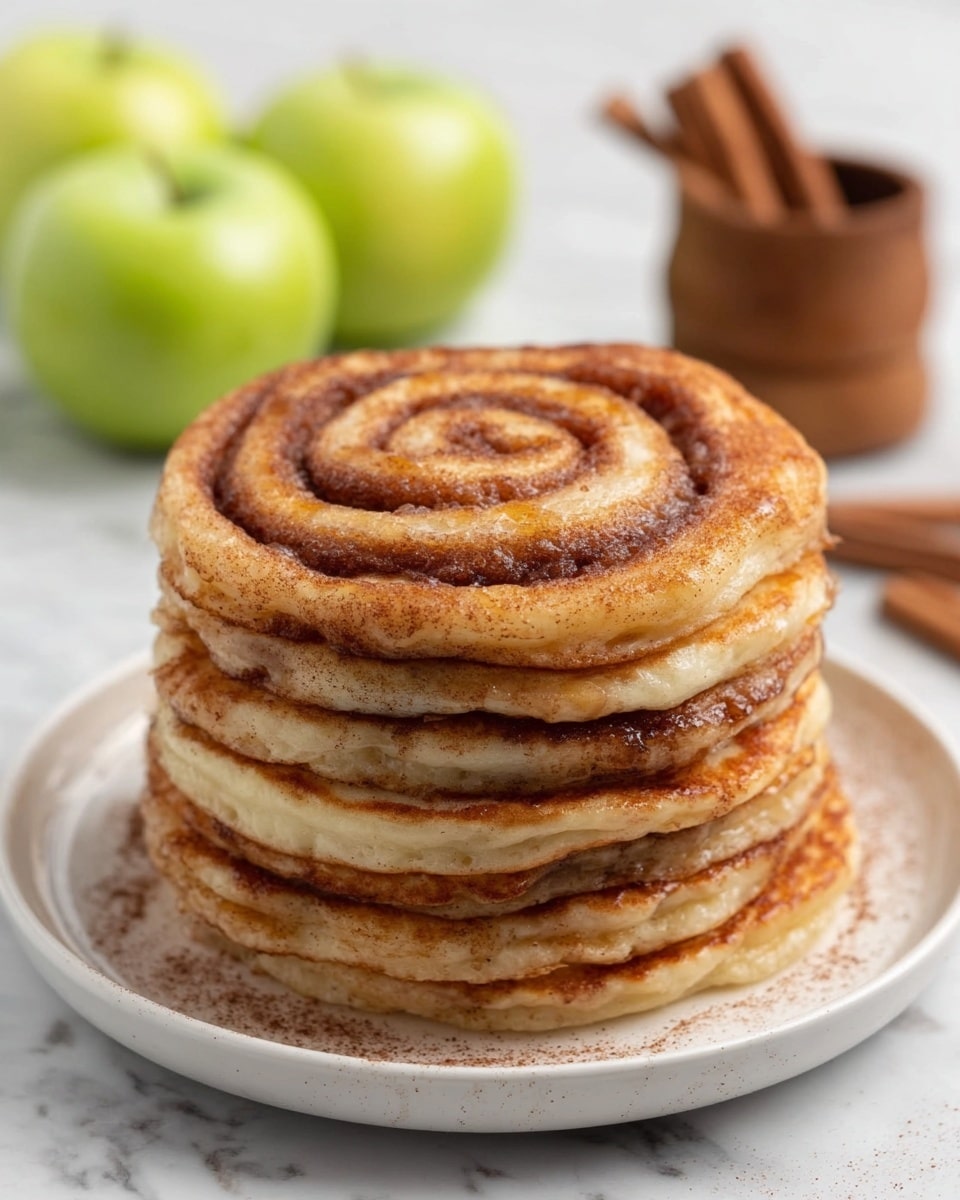A stack of six thick pancakes sits in the center of a white plate, each pancake golden-brown with a slightly crispy edge and fluffy inside. The top pancake is swirled with a medium-brown cinnamon topping in a spiral shape. In the background, there are three light green apples and a wooden container with cinnamon sticks on a white marbled surface. The scene is softly lit, highlighting the texture of the pancakes and the shine on the apples. Photo taken with an iphone --ar 4:5 --v 7