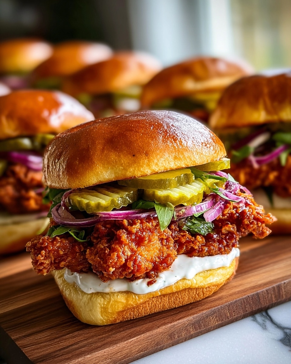 A close-up view of a crispy fried chicken sandwich resting on a wooden board, featuring five visible layers. The bottom layer is a soft, golden toasted bun with a spread of creamy white sauce on top. Above it, a large piece of crunchy, reddish-brown fried chicken with a rough texture fills most of the sandwich. On the chicken sits a layer of thinly sliced purple onions mixed with scattered green leafy herbs. Above this is a layer of multiple thick, ridged pickle slices, light green with glossy texture. The final top layer is a shiny, perfectly browned toasted bun with a slight crack on the top. The background is softly blurred with more similar sandwiches, all sitting on a white marbled texture. photo taken with an iphone --ar 4:5 --v 7