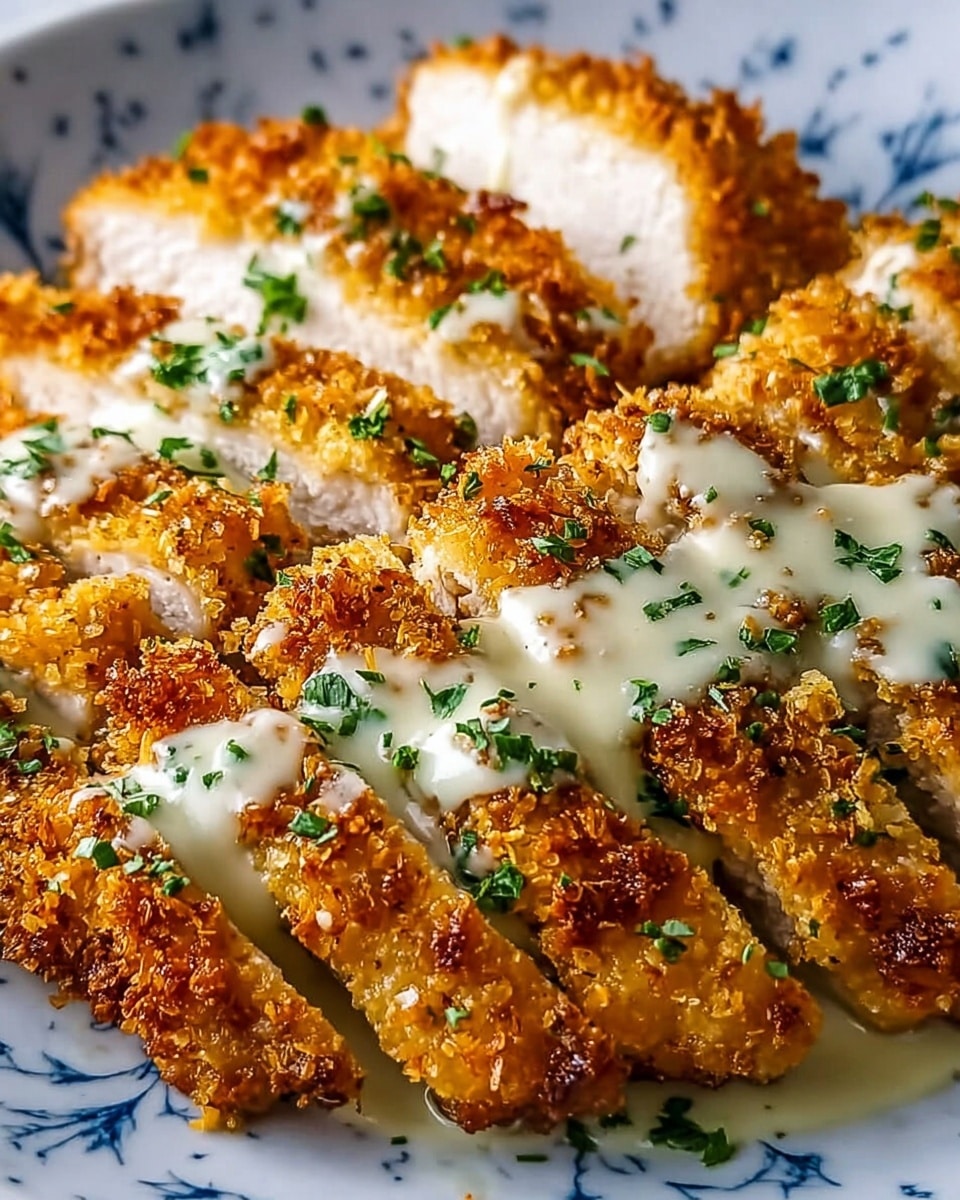 A white oval plate filled with a base layer of creamy, light beige curly pasta with a smooth texture, topped with several thick slices of golden brown breaded chicken arranged in a neat row across the pasta. The chicken slices have a crispy, crunchy crust and tender white meat inside. A light yellow creamy sauce is drizzled generously over the chicken and pasta, with small black pepper specks and fresh green parsley leaves scattered on top for color and garnish. The plate sits on a white marbled surface. photo taken with an iphone --ar 4:5 --v 7