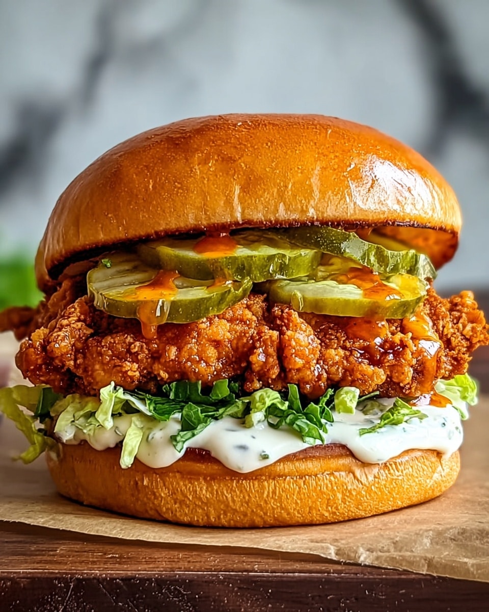 The image shows a close-up of a crispy fried chicken sandwich with several layers. At the bottom is a soft, lightly toasted golden-brown bun. Above it, there is a layer of fresh, bright green lettuce with a creamy white sauce spread over it. On top of the lettuce is a large, thick piece of crunchy, golden-brown fried chicken with uneven, crispy texture. Above the chicken, there are a few thick slices of green pickle, and some orange sauce drips down from them. The sandwich is topped with a shiny, golden-brown toasted bun, completing the whole burger. The sandwich sits on brown parchment paper, and the background features a white marbled texture. photo taken with an iphone --ar 4:5 --v 7