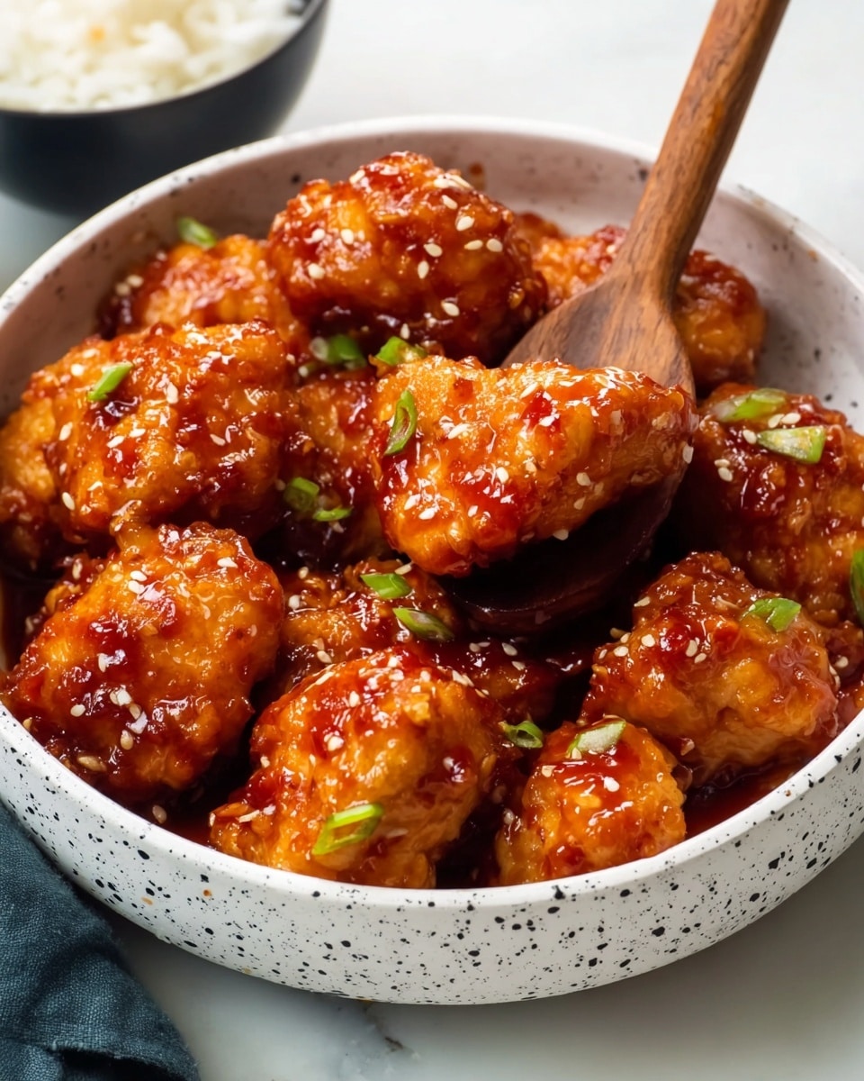 A bowl filled with about ten small, golden-brown, glossy chicken pieces covered in a sticky reddish-orange sauce showing a shiny texture. The chicken pieces are sprinkled with light-colored sesame seeds and small bits of green onion on top. The bowl is white with black speckles and there is a wooden utensil sticking out from the bowl, slightly lifting one piece of chicken. The background shows a white marbled texture with a small part of a white bowl of rice blurred in the top left corner. photo taken with an iphone --ar 4:5 --v 7