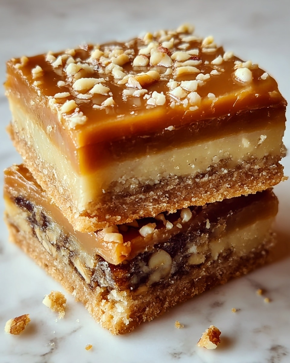 The image shows two square dessert bars stacked on a white marbled surface. Each bar has four distinct layers: the bottom layer is a crumbly, light brown crust; above it is a dark, moist layer of nuts or dried fruit filling; the third layer is a smooth, glossy caramel colored layer; and the top layer is a shiny caramel glaze sprinkled with small chopped nuts, giving it a textured look. The bars have slightly crumbly edges with some crumbs scattered around them. Photo taken with an iphone --ar 4:5 --v 7