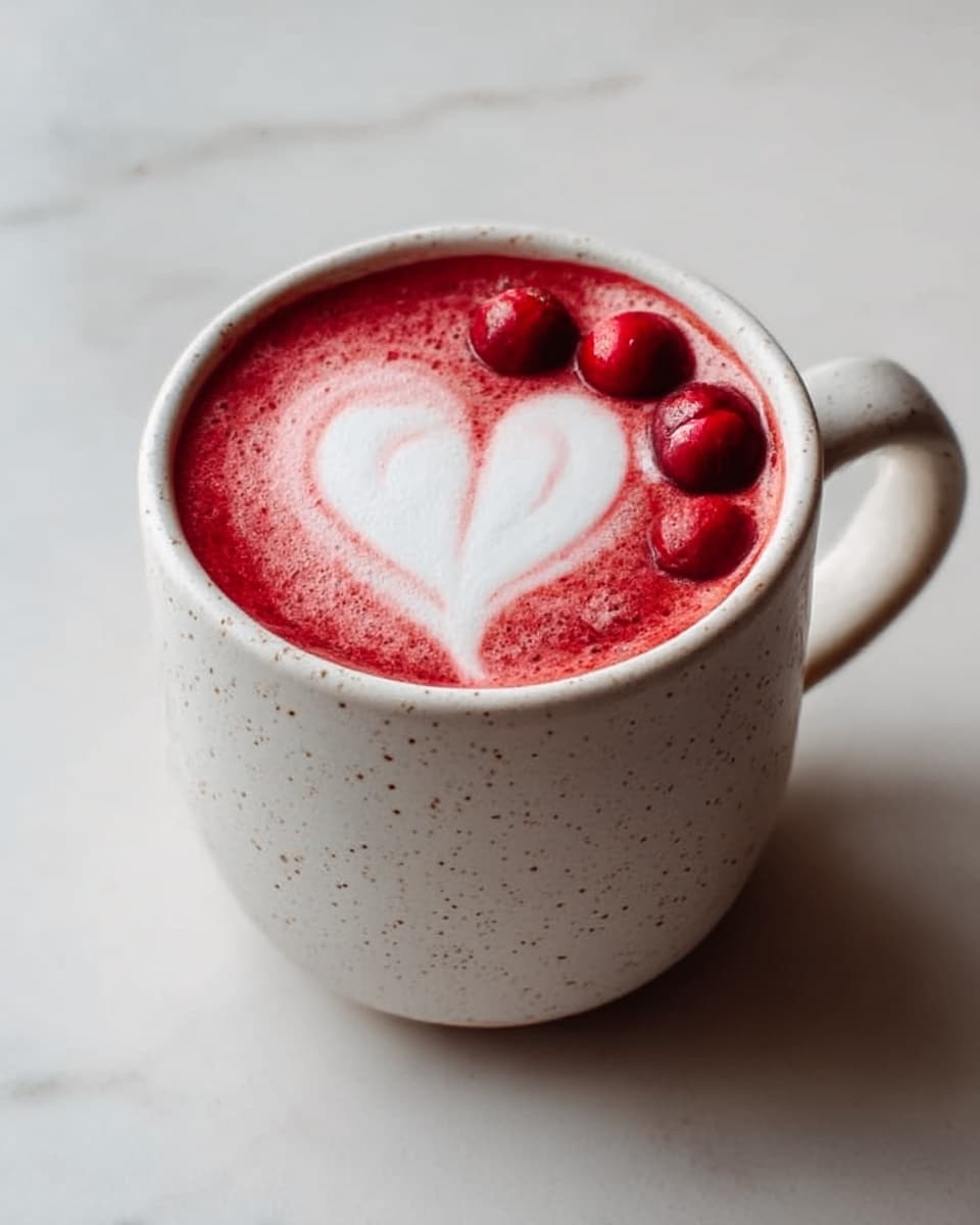 A white ceramic mug with small specks holds a thick, creamy red drink topped with a heart-shaped white foam design in the center. Four round red berries float on one side of the foam, adding texture and color contrast. The mug sits on a white marbled surface, creating a clean and bright background. Photo taken with an iphone --ar 4:5 --v 7