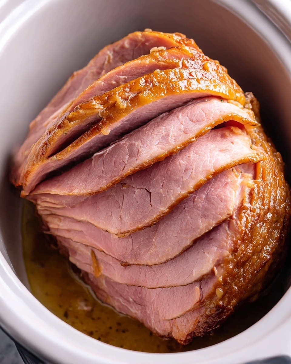 A close-up of a cooked ham with several thin, pink slices arranged in a fan shape, revealing the soft, moist texture inside. The outer layer is a browned, caramelized crust with a shiny glaze. The ham sits upright inside a white slow cooker pot, with some juices gathered at the bottom. The background is a white marbled surface. photo taken with an iphone --ar 4:5 --v 7