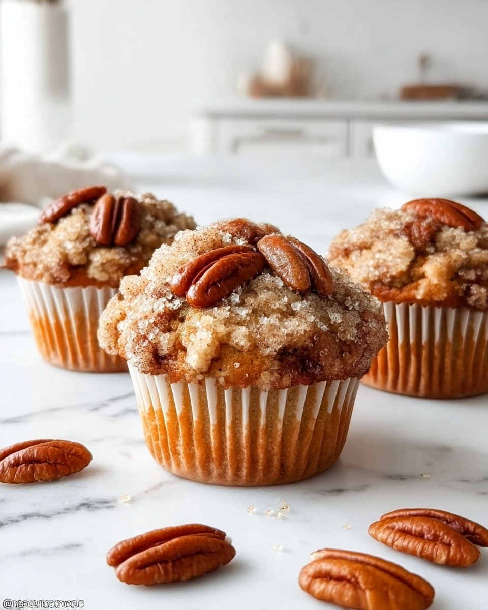 Three muffins sit on a white marbled surface, each topped with a crumbly, golden-brown streusel layer mixed with coarse sugar crystals and several whole, glossy pecan halves. The muffins have a soft, slightly uneven dome shape with a light brown base visible through white muffin liners. Scattered around the muffins are a few whole and halved pecans, showing their smooth textured surface and warm brown color. In the background, a white kitchen with a white marbled island and a white bowl is softly blurred. photo taken with an iphone --ar 4:5 --v 7