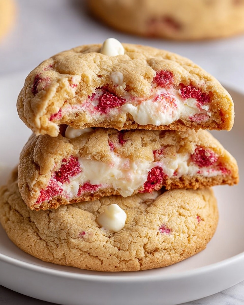 Two stacked cookies rest on a white plate with a white marbled texture underneath. The top cookie is broken in half, revealing a creamy white filling mixed with bright red berry bits inside. The outer cookie is golden brown with a crumbly texture and has small white chocolate chips embedded on the surface. The close-up view shows the soft, moist interior contrasted with the slightly crispy edges. Photo taken with an iphone --ar 4:5 --v 7