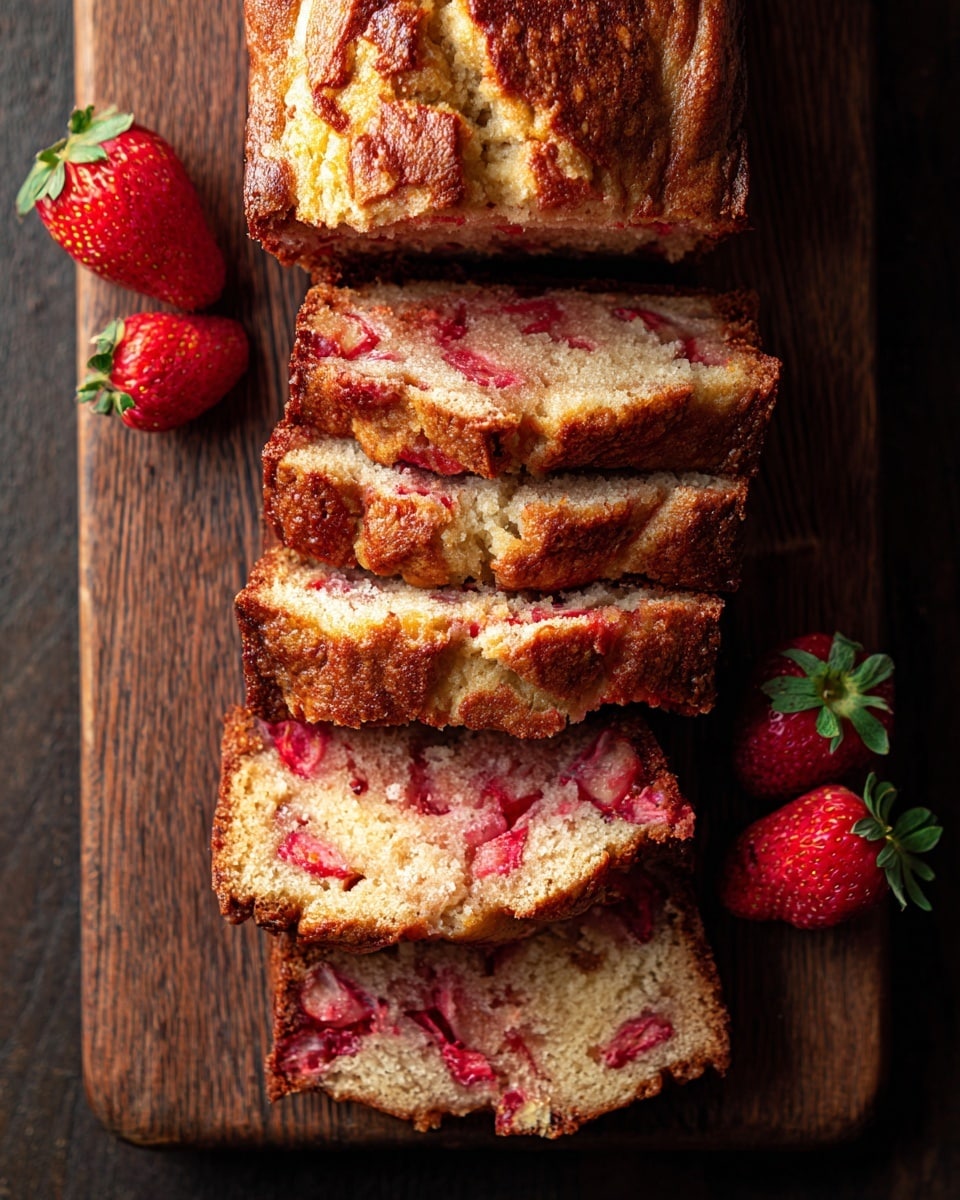 A loaf of strawberry bread is sliced into four thick pieces, showing light golden brown crust with a slightly cracked top and a moist, soft inside filled with bright red strawberry chunks scattered evenly through the dough. The loaf sits on a rectangular dark wooden board with two fresh strawberries placed beside it. The texture of the bread looks airy and tender, with the strawberries adding vibrant red color contrasts within the beige cake. The photo is taken from above, capturing the rich detail of the crust and fruit pieces. Photo taken with an iphone --ar 4:5 --v 7