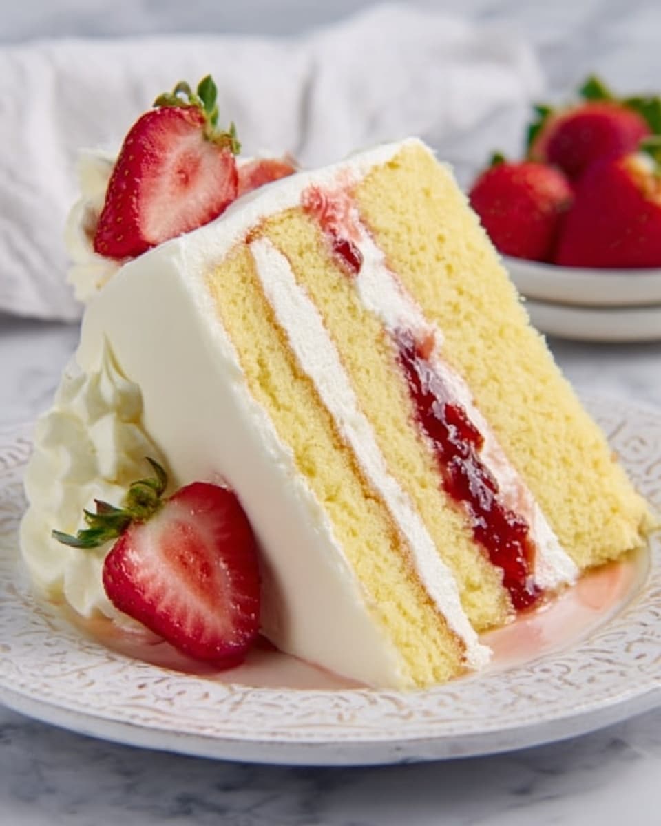 A slice of yellow cake with two thick layers separated by white cream and a middle layer of strawberry jam with visible strawberry pieces. The cake is covered smoothly with white frosting on all sides. Beside the slice, there are two fresh strawberries, one sliced in half. The cake is placed on a white plate with a decorative edge, set on a white marbled surface. photo taken with an iphone --ar 4:5 --v 7