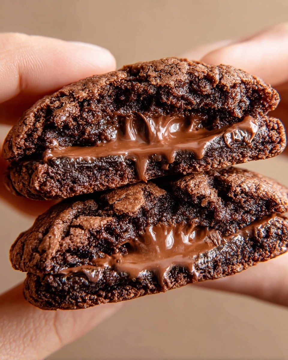 A close-up of a broken chocolate cookie held between fingers, showing two thick layers of moist, dark brown cookie with a cracked, slightly rough outer texture, and a middle layer of smooth, melted milk chocolate filling that glistens and oozes slightly, creating a rich, gooey look. The background is a plain, soft beige color. photo taken with an iphone --ar 4:5 --v 7