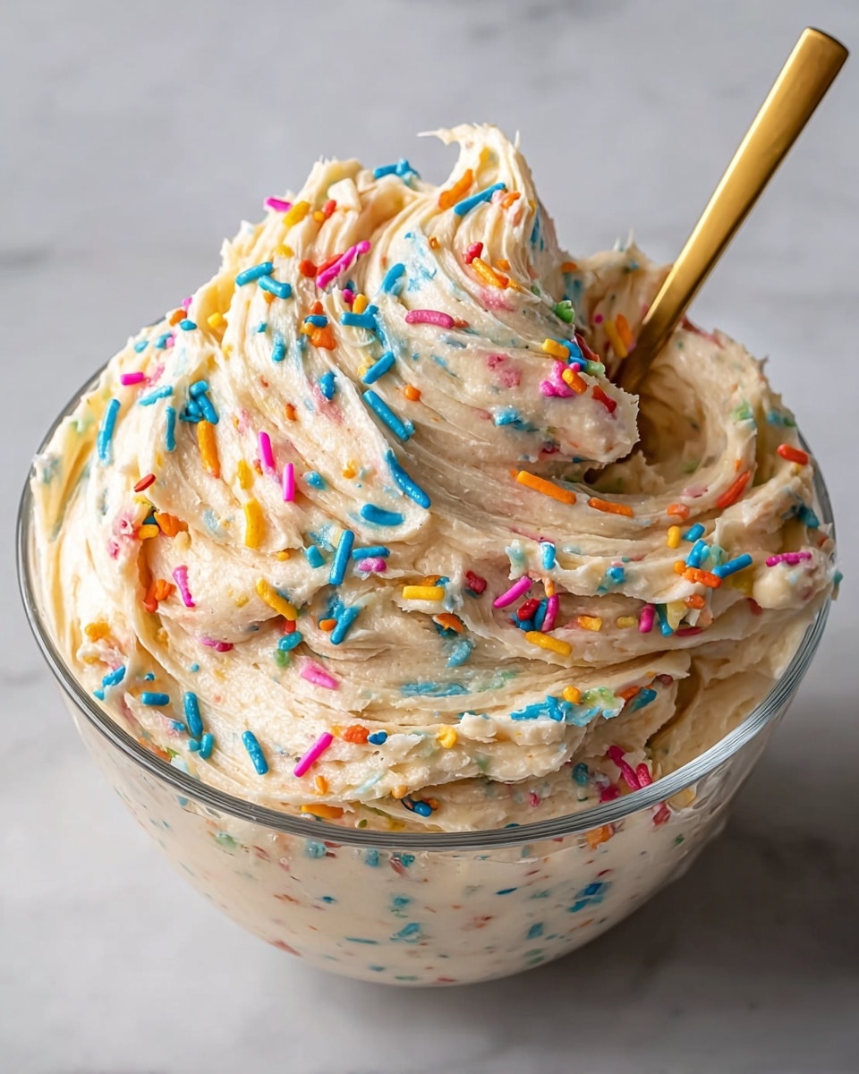 A clear glass bowl filled with two layers of creamy, pale beige cookie dough mixed with colorful rainbow sprinkles. The bottom layer is smooth and packed in, while the top layer is swirled high with thick, fluffy swirls decorated with the same bright sprinkles in blue, pink, orange, yellow, and green. A shiny gold spoon is placed in the bowl on the right side. The bowl sits on a white marbled surface. photo taken with an iphone --ar 4:5 --v 7