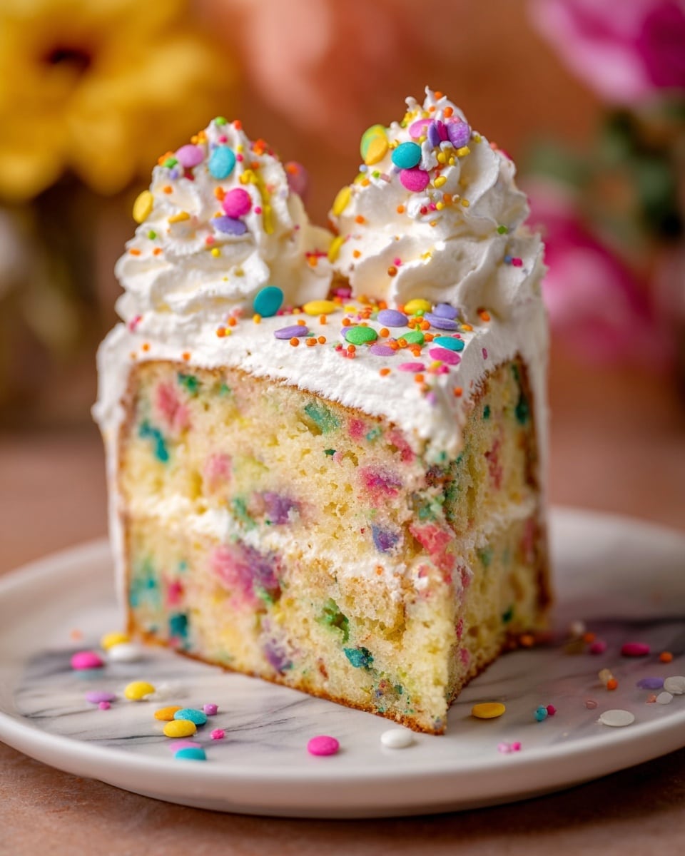 A close-up of a single slice of funfetti cake on a white plate with a white marbled texture beneath. The cake has two thick layers of soft yellow sponge filled with colorful rainbow sprinkles inside. On top is a thick white frosting layer, decorated with two tall dollops of whipped cream, both sprinkled with bright round confetti sprinkles in pink, yellow, green, purple, and white. More small colorful round confetti is scattered on the plate around the slice. The background is softly blurred with warm tones and hints of flowers. Photo taken with an iphone --ar 4:5 --v 7