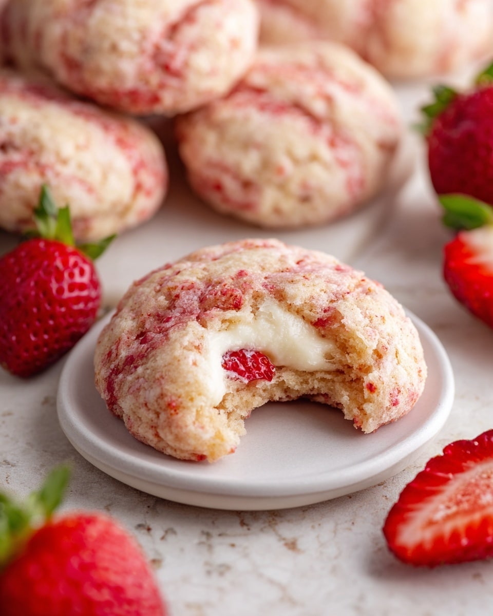 A close-up view of soft, round cookies with a pink and white speckled texture, showing bits of red strawberry pieces throughout. One cookie is on a small white plate and has a bite taken out of it, revealing a creamy white filling inside with a juicy red strawberry piece nestled within the cream. Around the plate, whole and halved fresh strawberries add a bright red contrast. The background shows a white marbled texture with more cookies scattered around. photo taken with an iphone --ar 4:5 --v 7