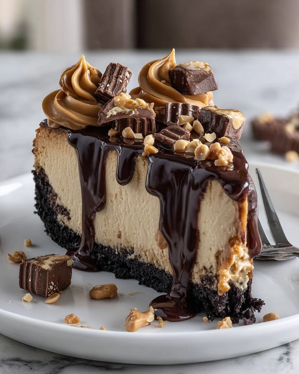 A slice of layered cheesecake sits on a white plate with a white marbled surface beneath. The bottom layer is a dark, crumbly crust, topped by a thick, creamy beige cheesecake layer. Above this is a glossy, dark chocolate sauce dripping down the sides in thick streams. The top is decorated with swirls of light brown peanut butter frosting, small chocolate chips, chopped peanuts, and pieces of peanut butter cups, some of which are cut to show the peanut filling inside. A fork lies next to the slice, and some small chocolate and peanut pieces are scattered around the plate. Photo taken with an iphone --ar 4:5 --v 7