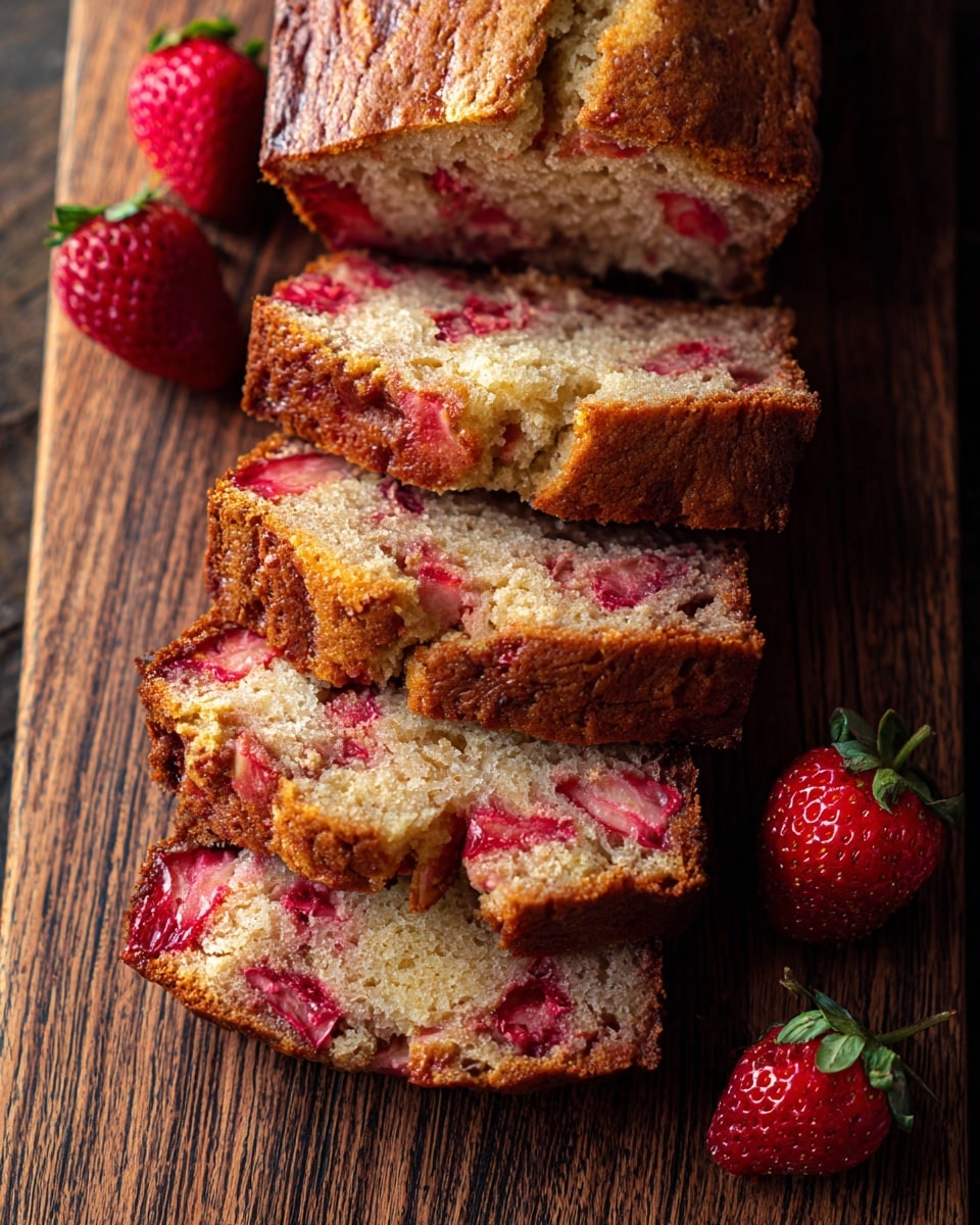 The image shows a loaf of strawberry bread cut into four thick slices, stacked neatly on a wooden board. The bread has a golden-brown crust with a slightly crunchy texture and a soft inside dotted with bright red strawberry pieces spread evenly throughout each slice. The vibrant strawberries add pops of color in the light beige crumb, and there are two whole strawberries resting beside the loaf on the board. The whole scene is set on a white marbled surface. photo taken with an iphone --ar 4:5 --v 7