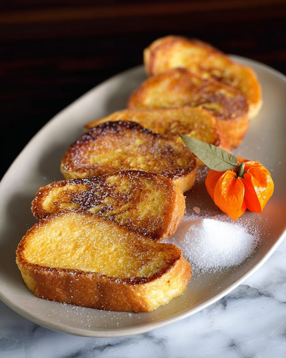 A row of five thick, golden-brown slices of toasted bread with a slightly crispy texture is arranged diagonally on a white plate, each slice showing a mix of light yellow and darker golden to brown spots on the top surface. To the right side of the slices, there is a small heap of fine white sugar and a bright orange physalis fruit with its dried papery leaves partially peeled back. The background is a white marbled texture. photo taken with an iphone --ar 4:5 --v 7